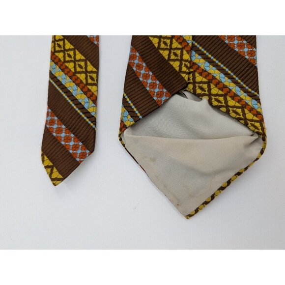 Vintage 60s 70s Men's Tie Brown Yellow Blue Striped - Picture 8 of 9